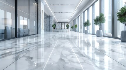 Interior of luxury lobby of office or hotel clean shiny floor in commercial building hall after professional cleaning service perspective view. Concept of modern marble tile corporate