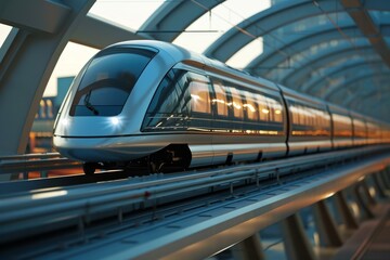Obraz premium A monorail train moving along tracks in the city, surrounded by buildings and urban landscape, Futuristic monorail traveling at high speed train , AI generated