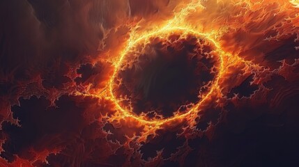 A stunning digital illustration of a fiery ring of fire against a dark, dramatic sky, evoking a sense of mystery and power.