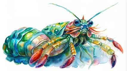 Colorful watercolor sketch of a peacock mantis shrimp.