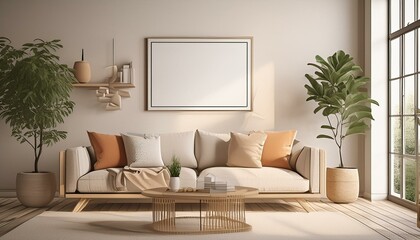 Living Room Wall Art: 3D Render of Modern Interior with ISO A Paper Size Frame Mockup"