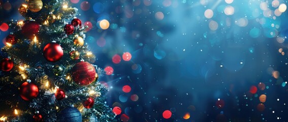 Christmas tree with decoration and xmas lights - festive banner design, greeing card for celebrations