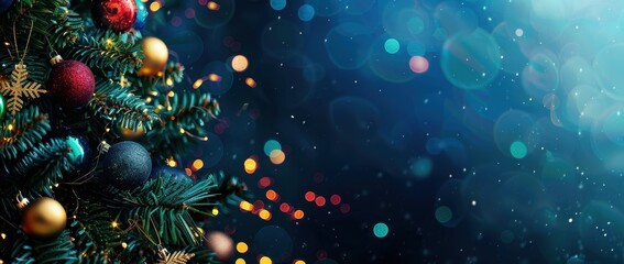 Christmas tree with decoration and xmas lights - festive banner design, greeing card for celebrations