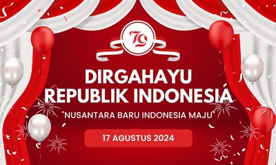 August 17. Indonesian Independence Day Greeting Card. Waving Indonesian flag isolated on red background. Patriotic symbolic background 1