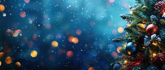 Christmas tree with decoration and xmas lights - festive banner design, greeing card for celebrations