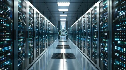 A cloud computing data center with rows of servers and a central AI monitoring system