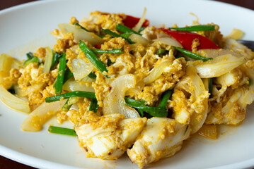 Extreme Close up View of Sitr Fried Crab with Curry Powder. Thai Food Concept
