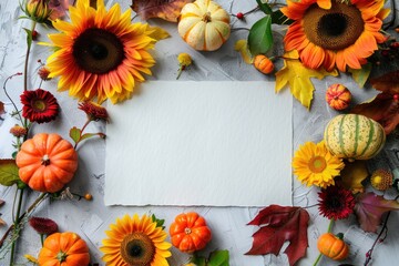 an empty blank texture paper with sunflowers, pumpkins and fall flowers around the edges of it on grey background