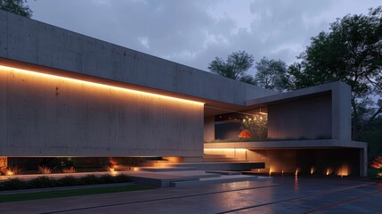 Obraz premium Modern concrete house with grey walls and lights in evening futuristic residential building exterior. Concept of future night garage minimalist design.