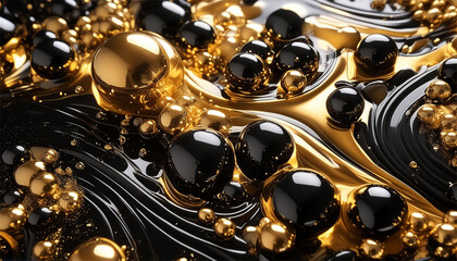 Rushing, glinting, liquid-like bubbles black and gold art wallpaper theme and space. liquid abstract, generative AI.