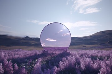 a round mirror in a field of purple flowers