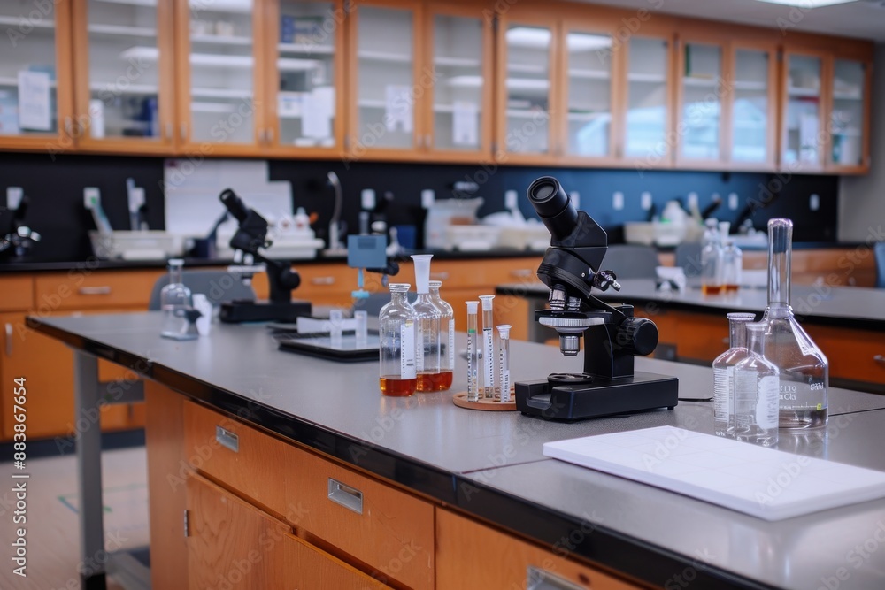 Poster a laboratory setting with a microscope and glassware