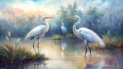 Fototapeta premium Graceful egrets wading in a marsh,digital, illustration, watercolor