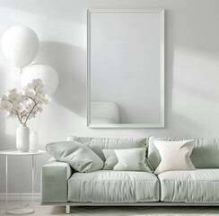 white frame mockup, interior design of living room with green sofa