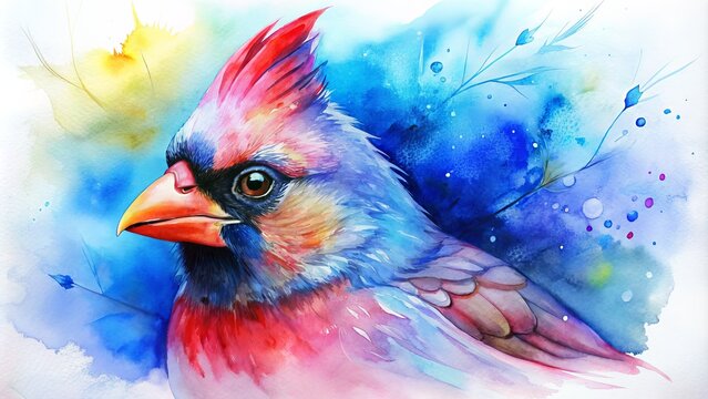 Colorful watercolor design of a blue-eyed cardinals.