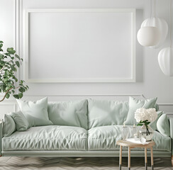 white frame mockup, interior design of living room with green sofa