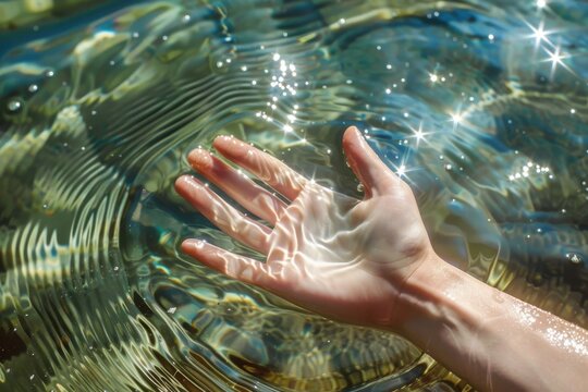 Sunlight shining through a hand immersed in crystal clear water - Powered by Adobe
