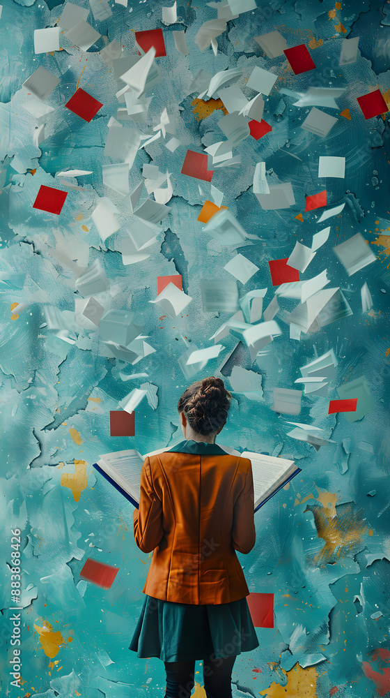 Poster photo realistic image of a reporter holding a notebook with a fact check icon, ideal for illustratin