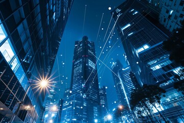 An innovative data center in China, showcasing cutting-edge technology and sustainable design, Wireless signals flowing between modern city buildings, AI generated