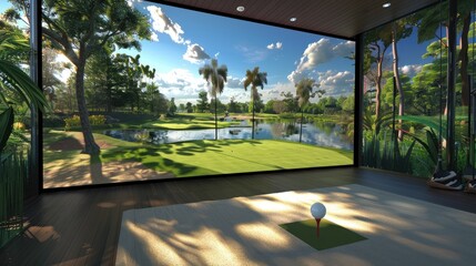A high-tech virtual reality golf simulator with real-time swing analysis