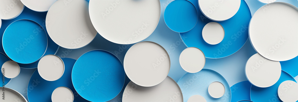 Poster geometric white and blue circle shape pattern, abstract 3d background design with overlapping blue c