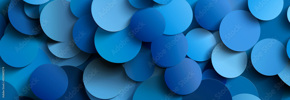 Poster geometric white and blue circle shape pattern, abstract 3d background design with overlapping blue c