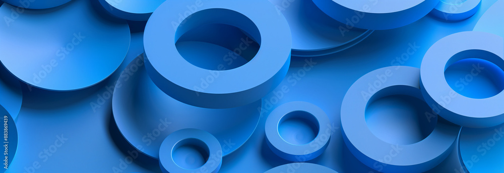 Poster geometric white and blue circle shape pattern, abstract 3d background design with overlapping blue c