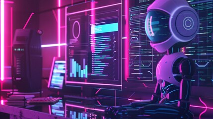 a robot sitting at a desk with a computer screen