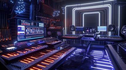 A high-tech virtual reality music production studio with interactive instruments