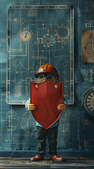 Photo Realistic Security Consultant with Plan and Shield Concept for ISO27001 Compliance | Security Consulting Image with Ample Text Space on Whimsical Background