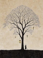 Silhouette of a Girl Under a Tree with Hanging Lanterns