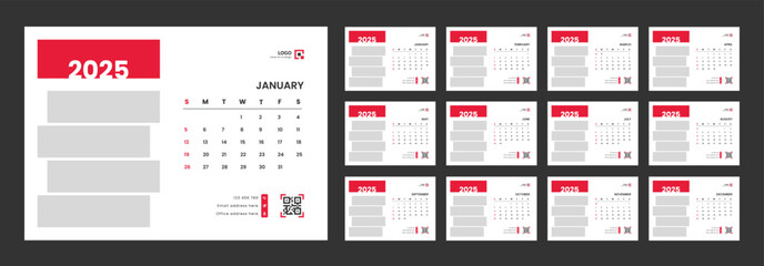 Desk calendar design template 2025, Monthly planner design in corporate and business style, Week start on Sunday
