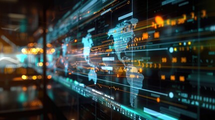 A holographic 3D data visualization display showing real-time global internet traffic