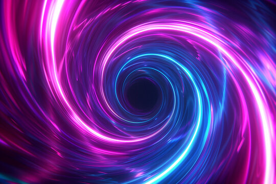 Neon glowing circle lines making a tunnel with vanishing point. Color lights abstract motion. Speed effect. Colorful wave spiral curve. Black background. Chaos wavy texture. Parallel pattern.
