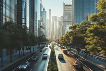 Obraz premium A city of the future, complete with a high-tech train and autonomous vehicles on illuminated roads, An urban cityscape dominated by self-driving cars, AI generated