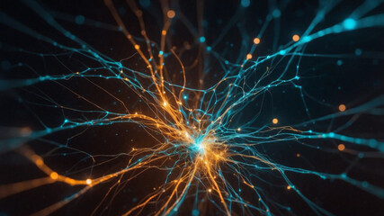 Fototapeta premium A glowing, swirling, web of bright blue and orange light threads.