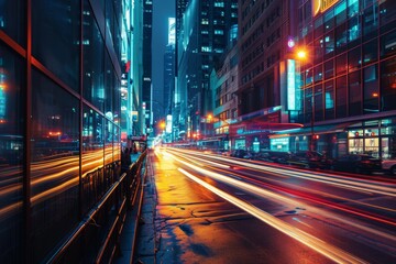 Fototapeta premium Image of a modern city featuring a high-speed train and self-driving cars on glowing streets, An urban cityscape dominated by self-driving cars, AI generated