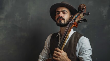 Studio portrait of a musician holding a musical instrument.