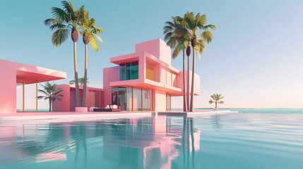 a pink house with palm trees and a pool