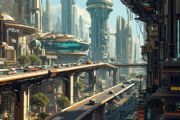 Fototapeta premium Image of a modern city featuring a high-speed train and self-driving cars on glowing streets, An urban cityscape dominated by self-driving cars, AI generated
