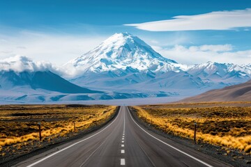 A long straight road leading towards a snow capped mountain