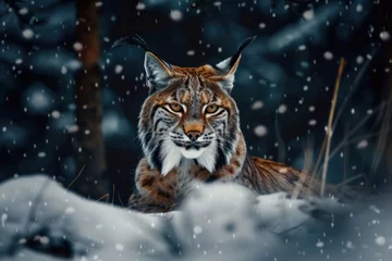 Papier peint photo  A Majestic Lynx Close up portrait Hunting in the Snowy Forest Under the Moonlight  © Ольга Лукьяненко