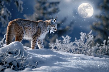 Obraz premium A Majestic Lynx Close up portrait Hunting in the Snowy Forest Under the Moonlight