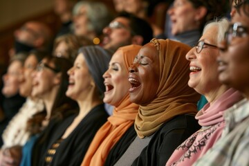 a diverse choir singing at a spiritual gathering, with people from different faiths and cultures joining in harmony