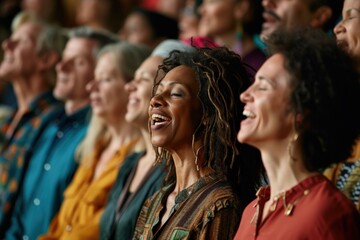 a diverse choir singing at a spiritual gathering, with people from different faiths and cultures joining in harmony