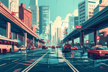 Obraz premium A futuristic cityscape with a sleek train zooming by and cars driving on illuminated roads, An urban cityscape dominated by self-driving cars, AI generated