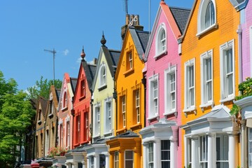 Fototapeta premium A picturesque row of brightly colored townhouses under a clear blue sky in a charming neighborhood