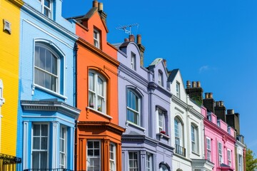 Obraz premium A picturesque row of brightly colored townhouses under a clear blue sky in a charming neighborhood