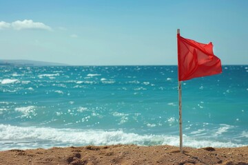 A red flag flies in the wind on a windy but sunny summer's day, warning swimmers of dangerous surf conditions
