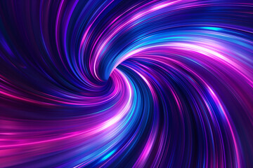 Neon glowing circle lines making a tunnel with vanishing point. Color lights abstract motion. Speed effect. Colorful wave spiral curve. Black background. Chaos wavy texture. Parallel pattern.